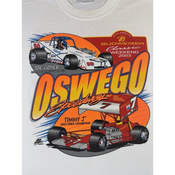 Rare Vintage Y2K Budweiser Oswego Speedway Car Racing Joe Gosek White XL Promo T - Picture 3 of 7